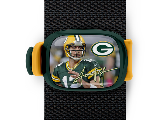 Aaron Rodgers Bag Tag mounted on a bag strap