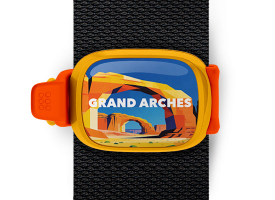 Arches National Park Stwrap bag tag mounted on a black bag strap