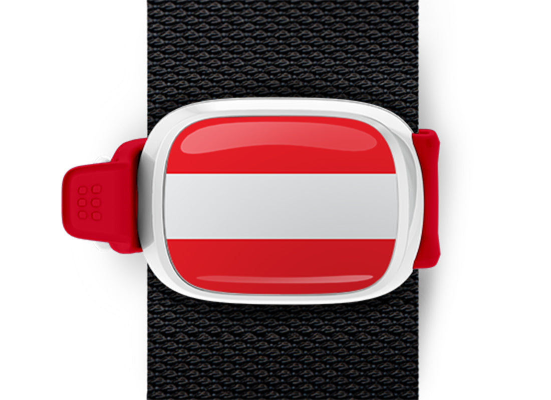 Austria flag Stwrap bag tag mounted on a bag strap