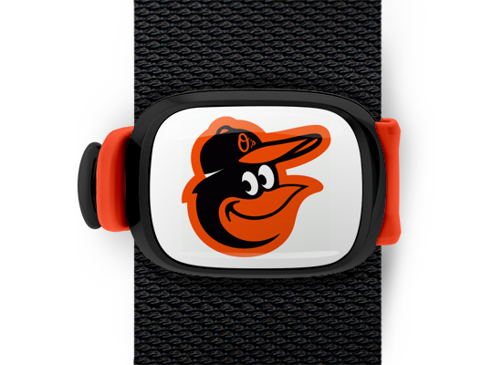 Baltimore Orioles Bag Tag mounted on a bag strap