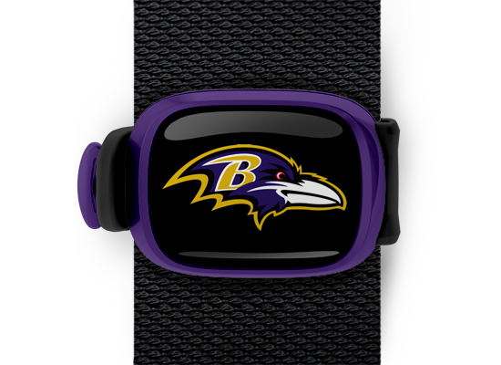 Baltimore Ravens Bag Tag mounted on a bag strap