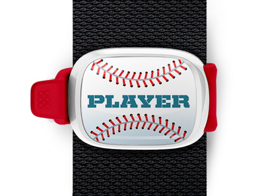 Baseball Player Bag Tag mounted on a sports bag strap