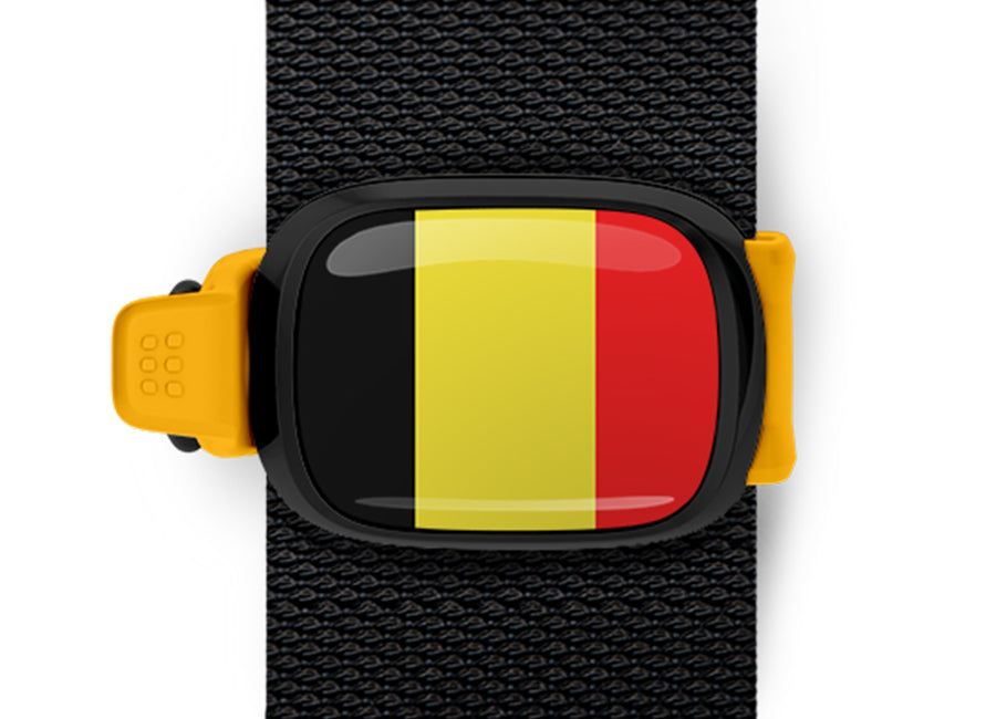 Belgium flag Stwrap bag tag mounted on a bag strap