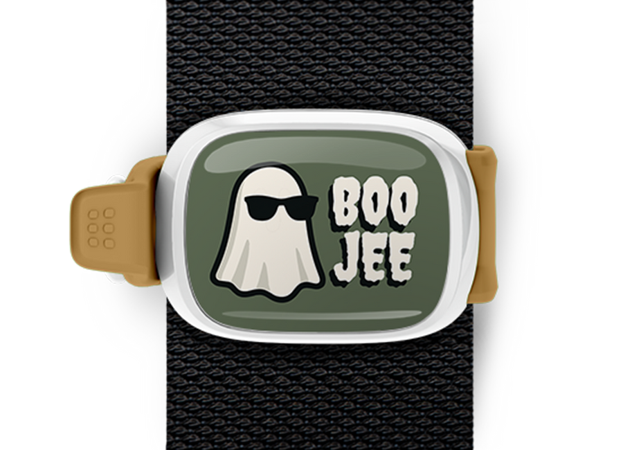 Boo Jee Halloween Bag Tag mounted on a bag strap
