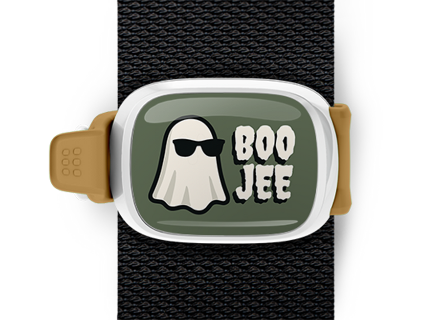 Boo Jee Halloween Bag Tag mounted on a bag strap