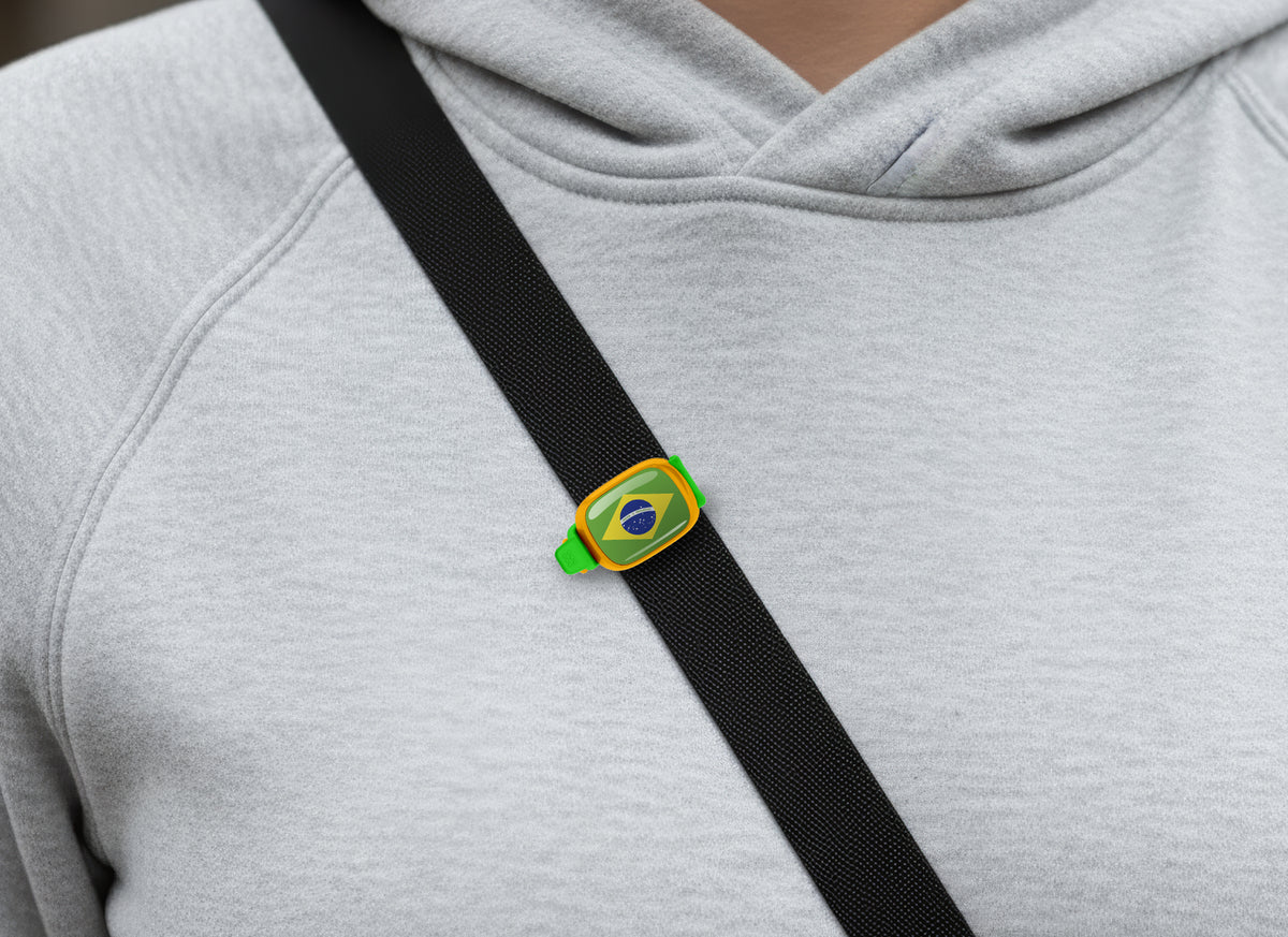 Brazil flag Stwrap bag tag shown on a bag in a lifestyle setting