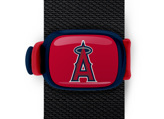 California Angels Bag Tag mounted on a bag strap