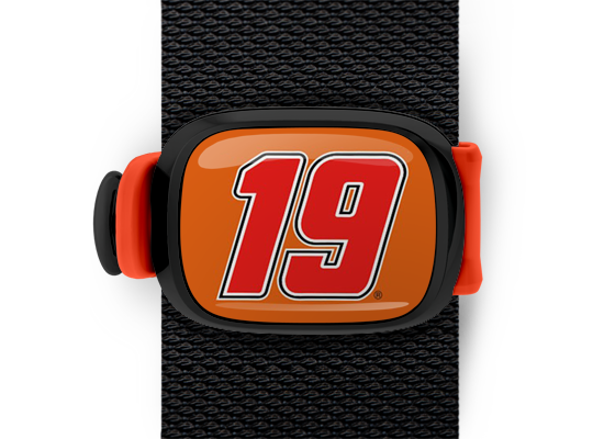 Carl Edwards 19 Bag Tag mounted on a bag strap