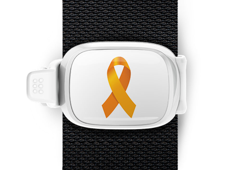 Orange leukemia awareness ribbon Stwrap bag tag mounted flat on a black strap