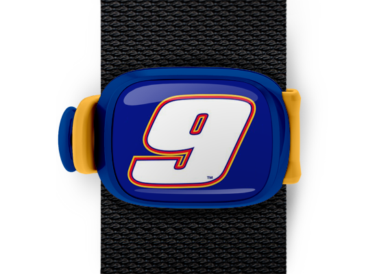 Chase Elliott #9 Bag Tag mounted on a bag strap