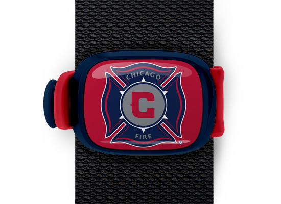 Chicago Fire Bag Tag mounted on a bag strap