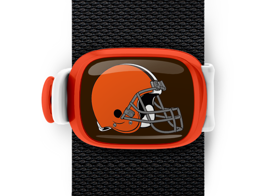 Cleveland Browns Bag Tag mounted on a bag strap