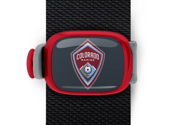 Colorado Rapids Bag Tag mounted on a bag strap
