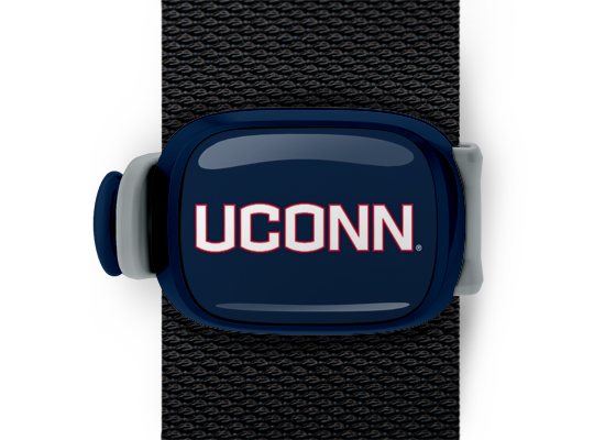 Connecticut Huskies Bag Tag mounted on a bag strap