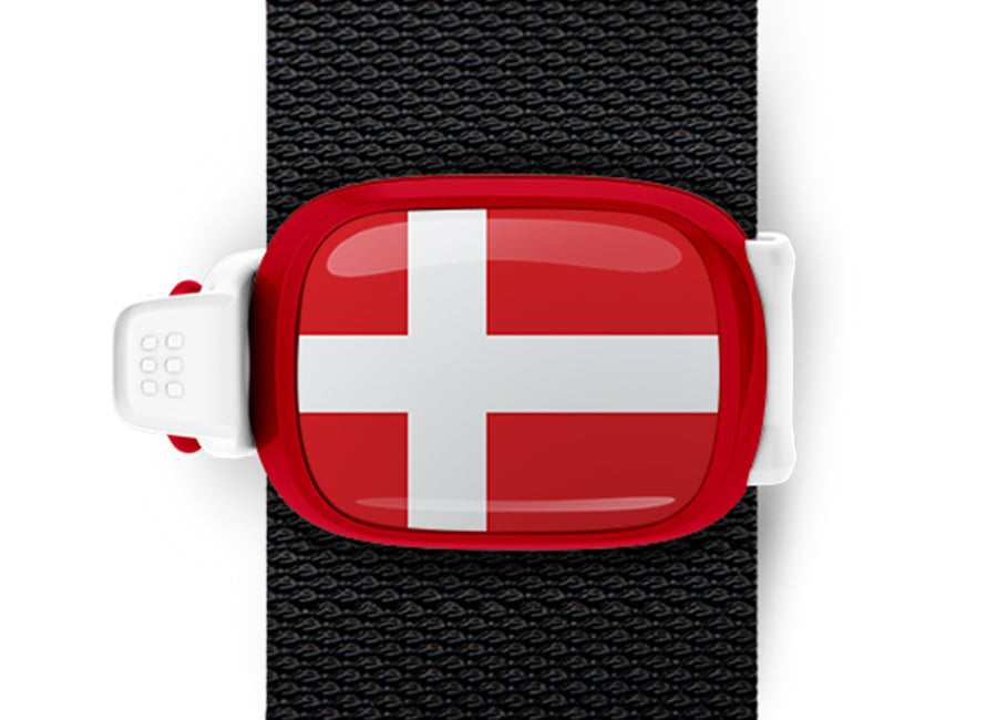 Denmark flag Stwrap bag tag mounted on a bag strap
