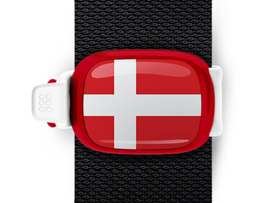 Denmark flag Stwrap bag tag mounted on a bag strap