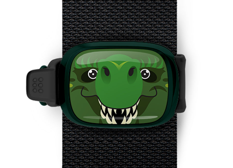 Tyrannosaurus Rex Bag Tag mounted on a bag strap