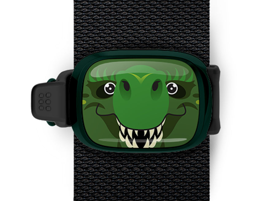 Tyrannosaurus Rex Bag Tag mounted on a bag strap