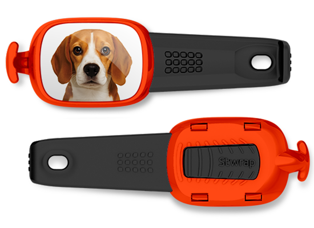 Front and back views of Beagle photo Stwrap bag tag