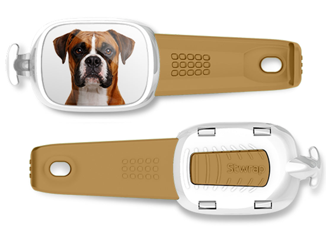 Front and back views of Boxer photo Stwrap bag tag