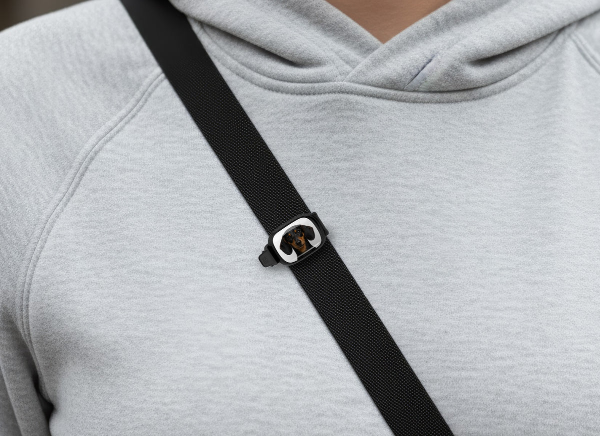 Dachshund photo Stwrap bag tag worn on a black crossbody strap
