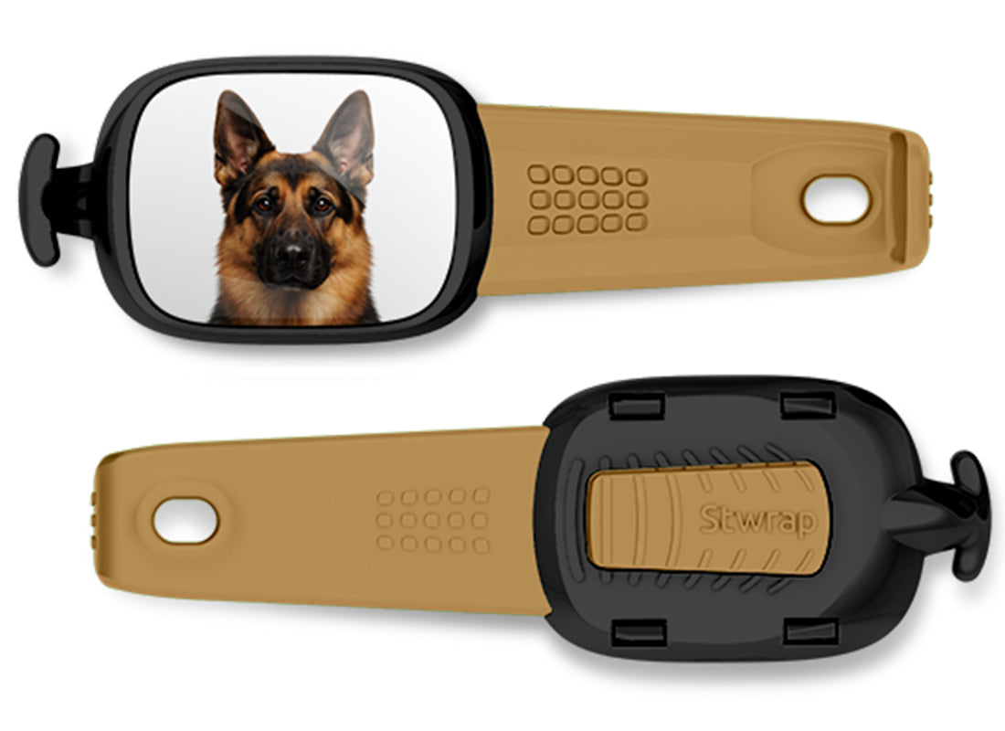 Front and back views of German Shepherd photo Stwrap bag tag
