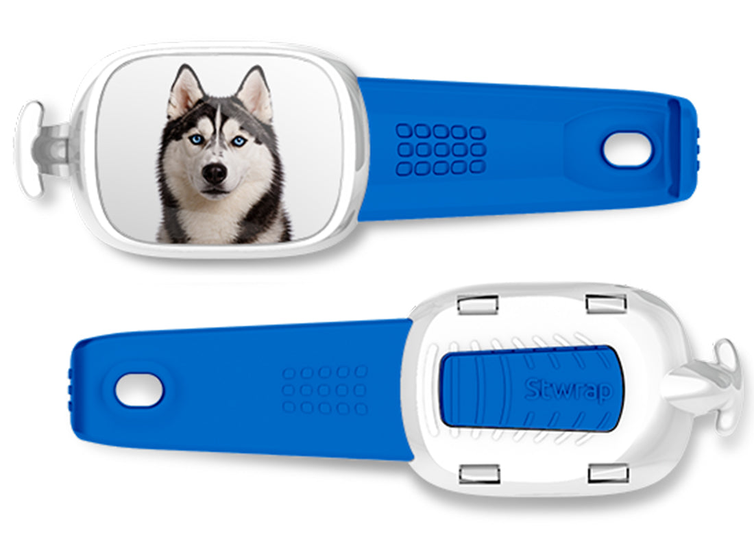 Front and back views of Husky photo Stwrap bag tag