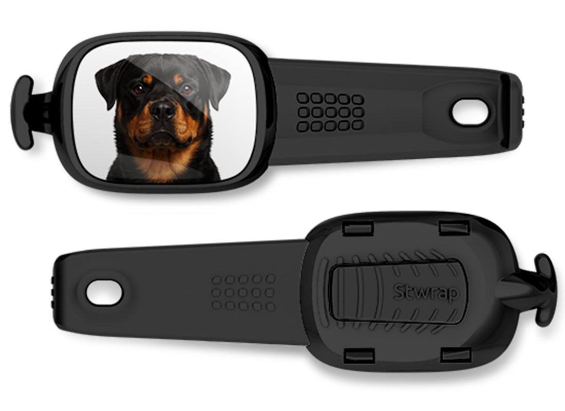 Front and back views of Rottweiler photo Stwrap bag tag