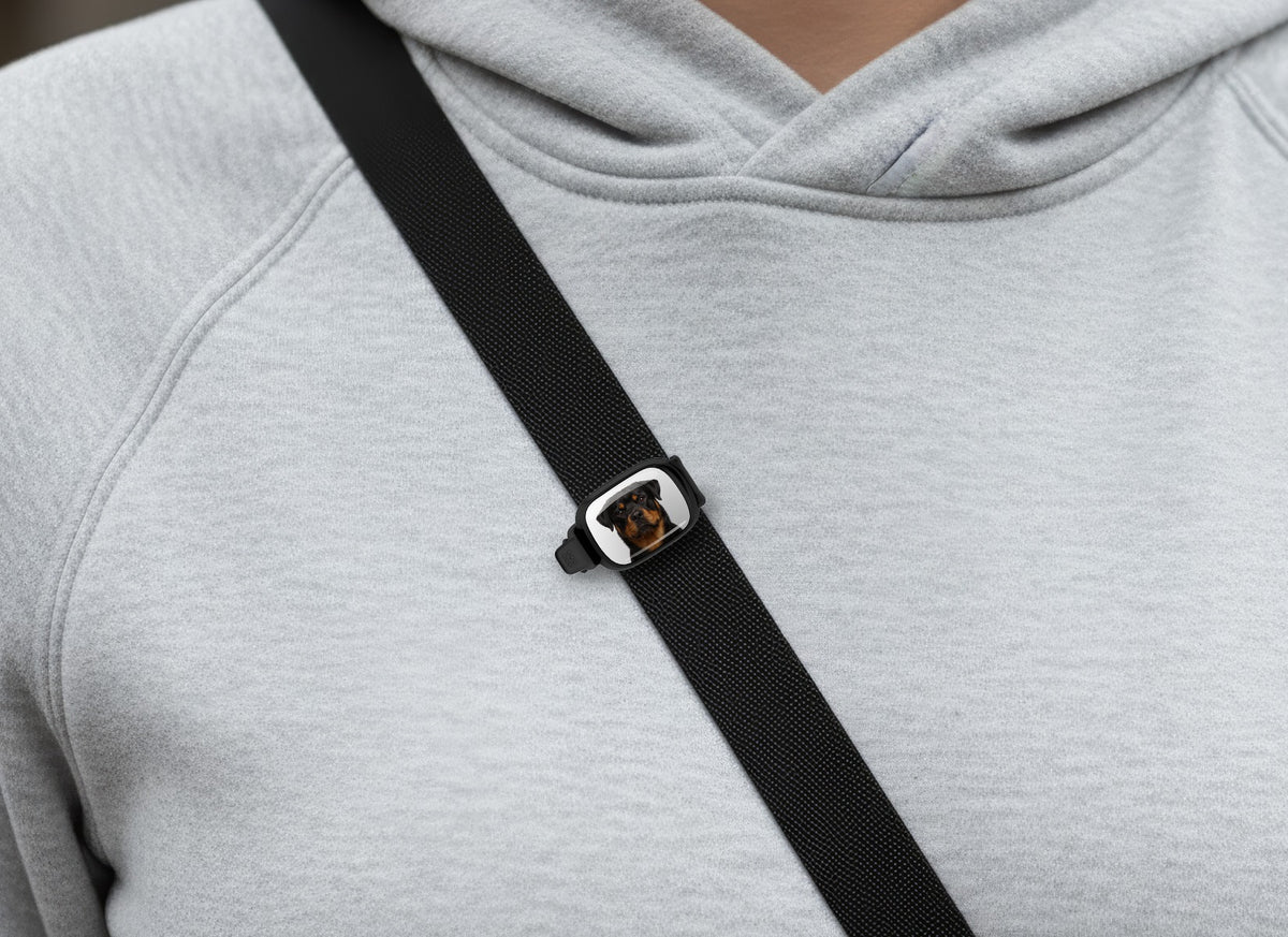 Rottweiler photo Stwrap bag tag worn on a black crossbody strap