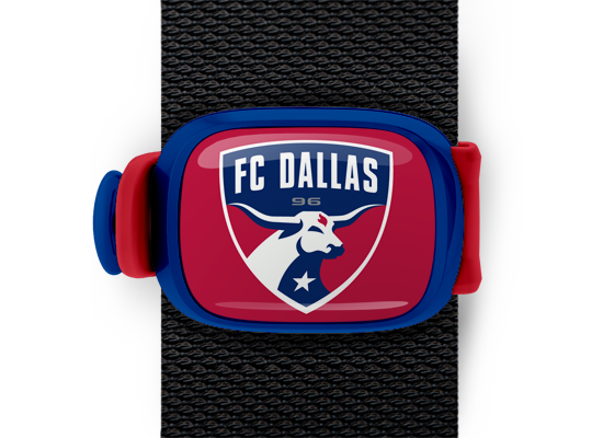 FC Dallas Bag Tag mounted on a bag strap