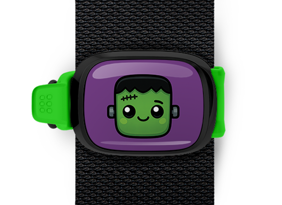 Frankenstein Halloween Bag Tag mounted on a bag strap