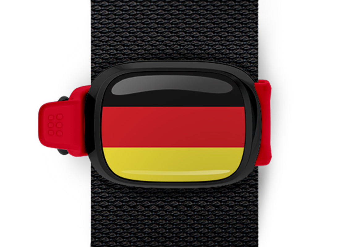 Germany flag Stwrap bag tag mounted on a bag strap