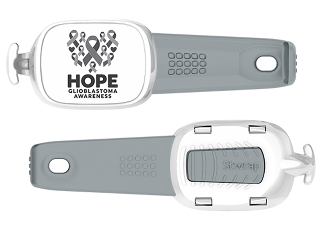 Hope Glioblastoma Awareness Stwrap bag tag front and back with white case and gray band
