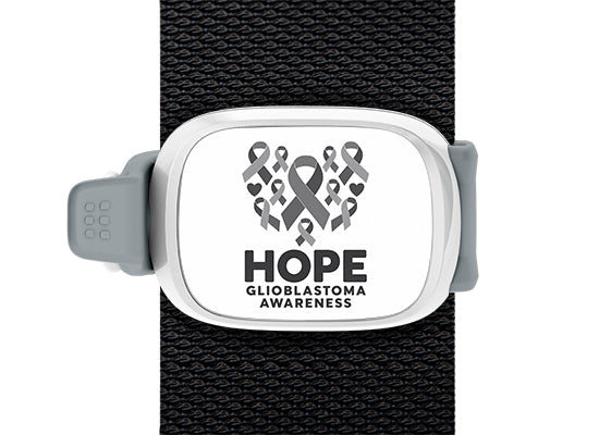 Hope Glioblastoma Awareness Stwrap bag tag mounted on a black strap with gray awareness ribbon design