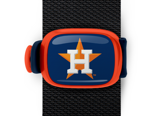 Houston Astros Bag Tag mounted on a bag strap