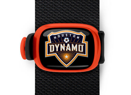 Houston Dynamo Bag Tag mounted on a bag strap