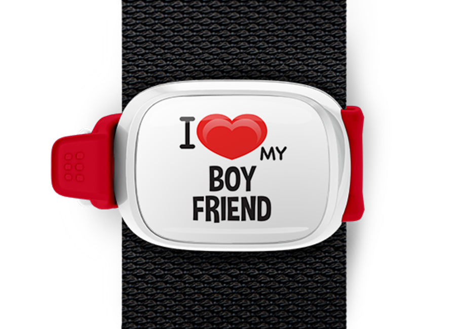 I Love My Boyfriend Bag Tag by Stwrap shown as a flat strap-mounted bag tag