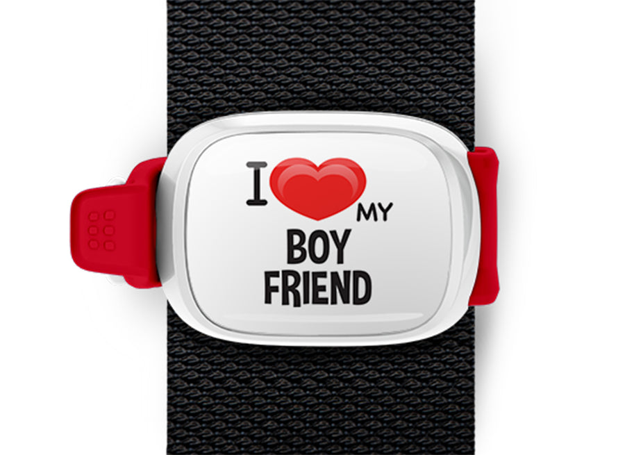 I Love My Boyfriend Bag Tag by Stwrap shown as a flat strap-mounted bag tag