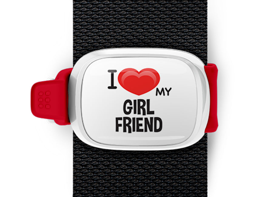 I Love My Girlfriend Bag Tag by Stwrap shown as a flat strap-mounted bag tag
