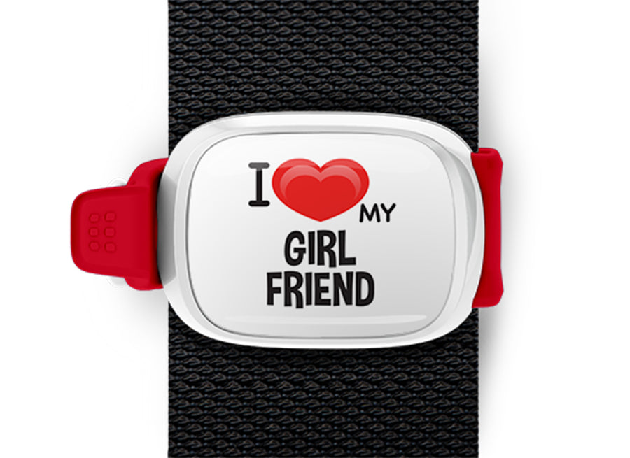 I Love My Girlfriend Bag Tag by Stwrap shown as a flat strap-mounted bag tag