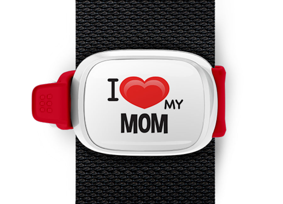 I Love My Mom Bag Tag by Stwrap shown as a flat strap-mounted bag tag