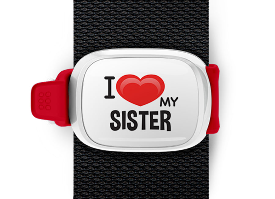 I Love My Sister Bag Tag by Stwrap shown as a flat strap-mounted bag tag