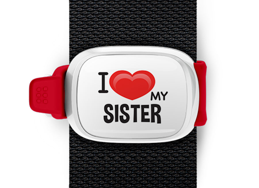 I Love My Sister Bag Tag by Stwrap shown as a flat strap-mounted bag tag