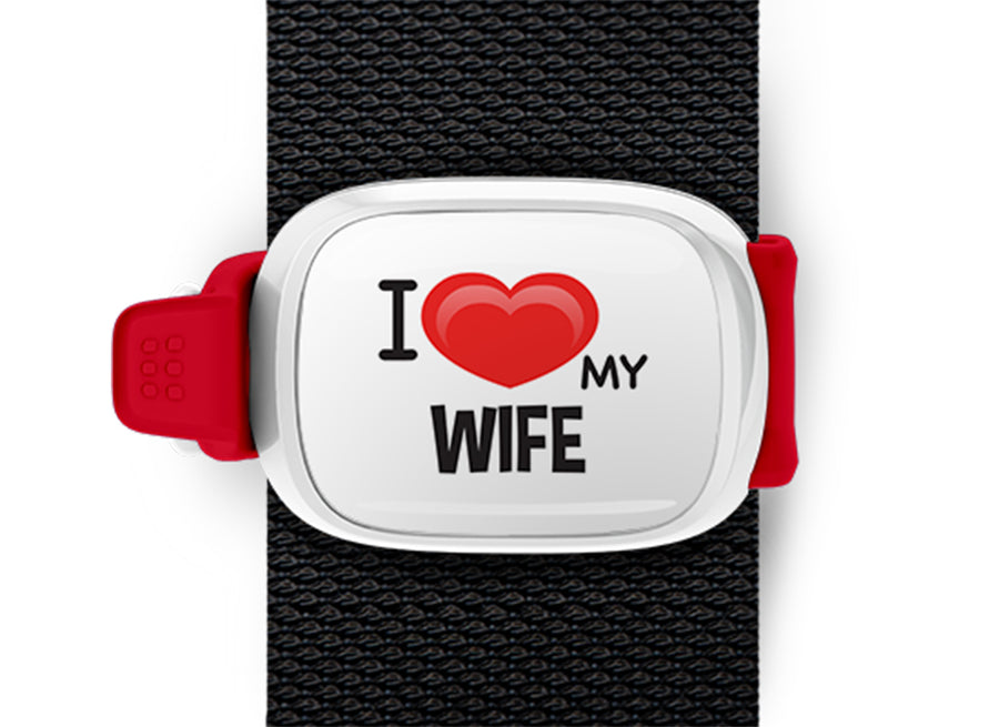 I Love My Wife Bag Tag by Stwrap shown as a flat strap-mounted bag tag