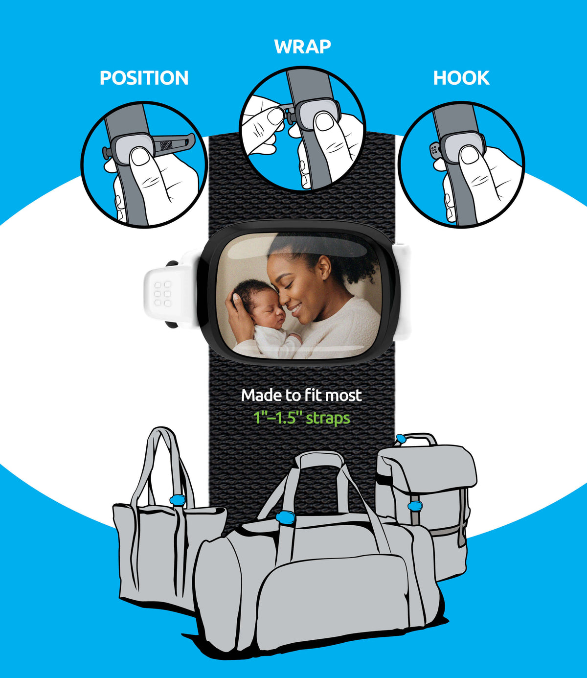 Stwrap Position, Wrap, Hook attachment steps on a 1″–1.5″ bag strap, shown with backpacks, totes, and duffel bags