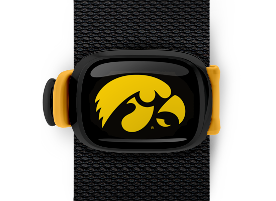 Iowa Hawkeyes Bag Tag mounted on a bag strap
