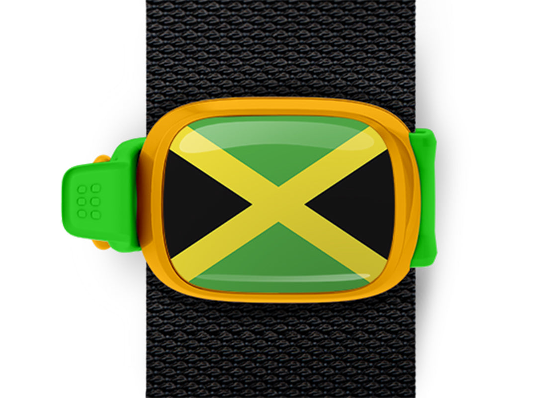 Jamaica flag Stwrap bag tag mounted on a bag strap