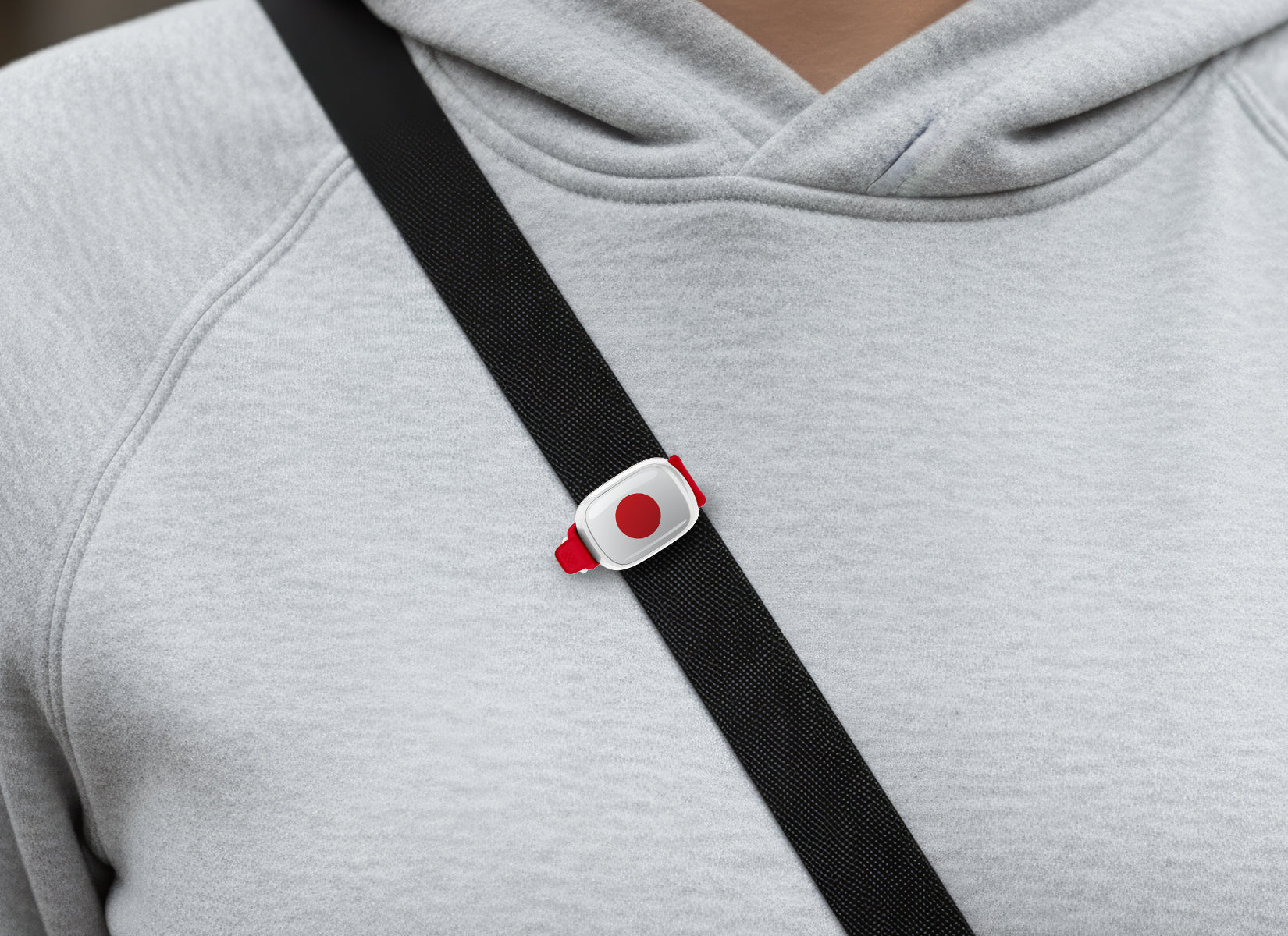 Japan flag Stwrap bag tag shown on a bag in a lifestyle setting