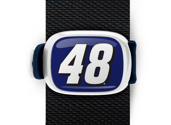 Jimmie Johnson #48 Bag Tag mounted on a bag strap