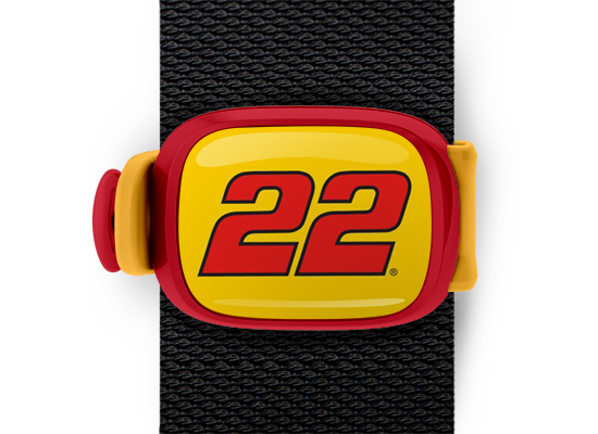Joey Logano #22 Bag Tag mounted on a bag strap